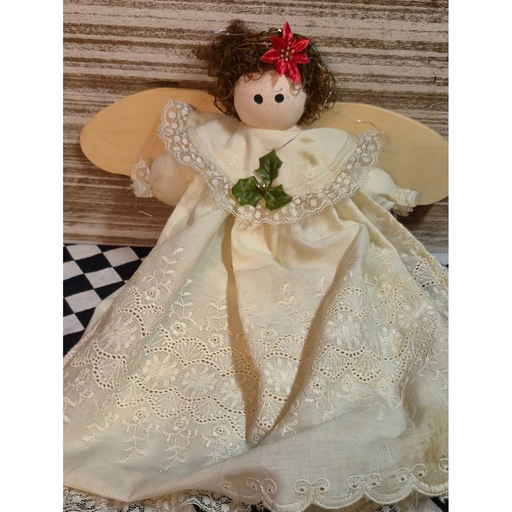 Vintage Folk Art Angel Tree Topper Rustic Wood Lace Cream‎ Christmas Decor 12in